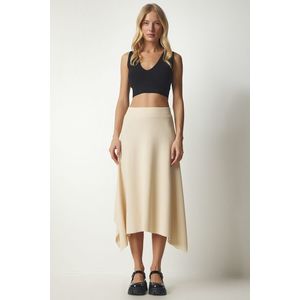 Happiness İstanbul Women's Latte Asymmetrical Cut Ribbed Knitted Skirt obraz