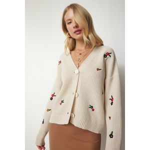 Happiness İstanbul Women's Cream Floral Embroidery Buttons Knitwear Cardigan obraz