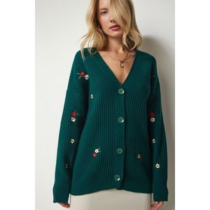 Happiness İstanbul Women's Emerald Green Floral Embroidered Button Knitwear Cardigan obraz