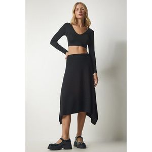 Happiness İstanbul Women's Black Asymmetrical Cut Corduroy Knitted Skirt obraz