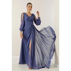 By Saygı V-Neck Long Evening Chiffon Dress with Draping and Lined Sleeves. obraz