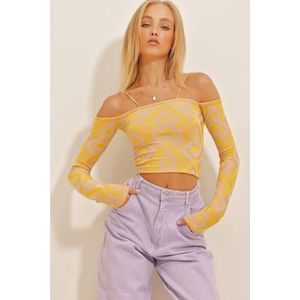 Trend Alaçatı Stili Women's Yellow Lilac Thread Straps Detailed Long Sleeve Patterned Crop Knitted Blouse obraz