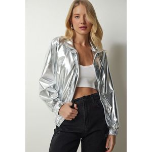 Happiness İstanbul Women's Metallic Gray Shiny Jacket with Pocket obraz