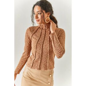 Olalook Women's Leopard Brown Crop Blouse with Stand Up Collar Lycra obraz