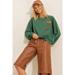 Trend Alaçatı Stili Women's Green Crewneck Sweatshirt with Pockets Embroidered Teddy bears obraz