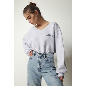 Happiness İstanbul Women's Gray Melange V-Neck Oversize Crop Knitted Sweatshirt obraz