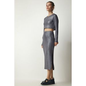 Happiness İstanbul Women's Gray Shimmer Corduroy Crop Skirt Set obraz
