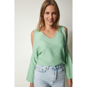 Happiness İstanbul Women's Aquatic Green Off-the-shoulder, Decollete, Flowy Wrap Blouse obraz