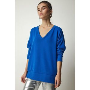 Štěstí İstanbul Dámský kobaltově modrý načechraný pletený svetr s výstřihem do V obraz