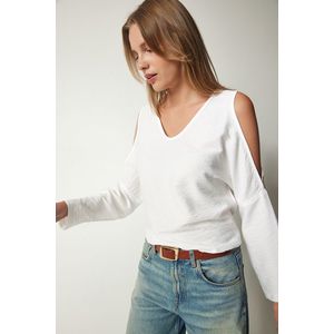 Happiness İstanbul Women's White Off-the-Shoulder, Decollete Flowy Curtain Wrap Blouse obraz