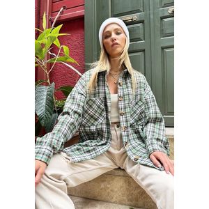 Trend Alaçatı Stili Women's Green Checkered Cachet Cotton Oversized Safari Jacket Shirt obraz