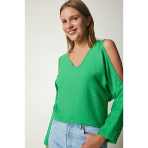 Happiness İstanbul Women's Green Off-the-Shoulder, Flowy Curtain Split Blouse obraz
