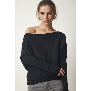 Happiness İstanbul Women's Black Asymmetrical Collar Corduroy Sweater obraz