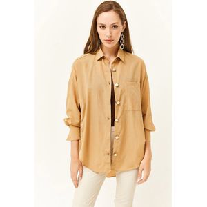 Olalook Women's Camel Side Button Detailed Oversize Woven Shirt obraz