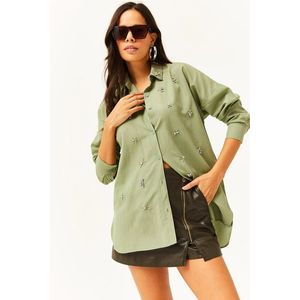 Olalook Women's Mustard Green Six Oval Woven Shirt with Stones on the Collar and Front obraz
