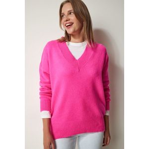Happiness İstanbul Dámský fuchsiový oversize pletený svetr s výstřihem do V obraz