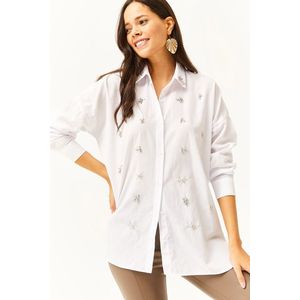 Olalook Women's White Collar and Six Oval Woven Shirt with Stones obraz