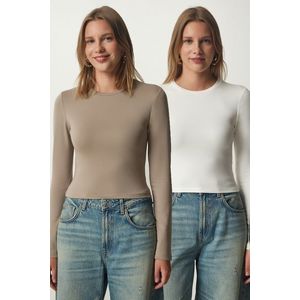 Happiness İstanbul Women's Mink Ecru Crew Neck Wrap 2-Pack Knitted Blouse obraz