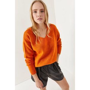Olalook Women's Orange V-Neck Soft Textured Knitwear Sweater obraz