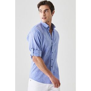 AC&Co / Altınyıldız Classics Men's Saks Blue Comfort Fit Relaxed Cut Linen Buttoned Collar Casual Shirt obraz