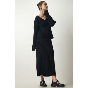 Happiness İstanbul Women's Black Ribbed Sweater Skirt Knitwear Suit obraz
