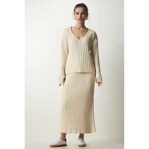 Happiness İstanbul Women's Cream Ribbed Sweater Skirt Knitwear Suit obraz