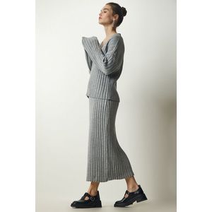 Happiness İstanbul Women's Gray Ribbed Sweater Skirt Knitwear Suit obraz