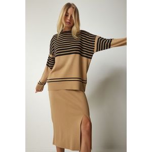 Happiness İstanbul Women's Biscuit Striped Sweater Skirt Knitwear Suit obraz