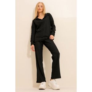 Trend Alaçatı Stili Women's Black Polo Neck Top And Palazzon Trousers Knitwear Bottom Top Suit obraz