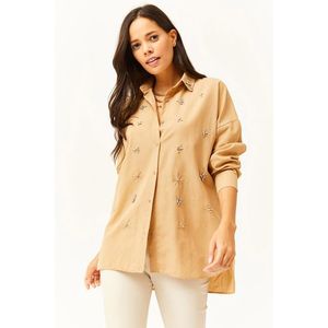 Olalook Women's Six Oval Woven Shirt with Camel Collar and Stones on the Front obraz