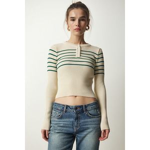 Happiness İstanbul Women's Cream Green Buttoned Collar Ribbed Crop Knitwear Blouse obraz