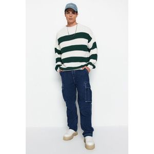 Trendyol Dark Green Oversize Fit Wide Fit Crew Neck Striped Knitwear Sweater obraz