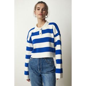 Happiness İstanbul Women's White Blue Stylish Buttoned Collar Striped Crop Knitwear Sweater obraz