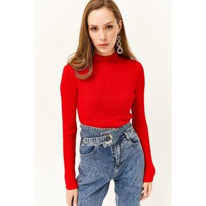 Olalook Women's Red Half Turtleneck Zigzag Textured Soft Knitwear Sweater obraz