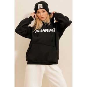 Trend Alaçatı Stili Women's Black Hooded Kangaroo Pocket 3 Thread Inner Raising Front Printed Oversize Sweatshirt obraz