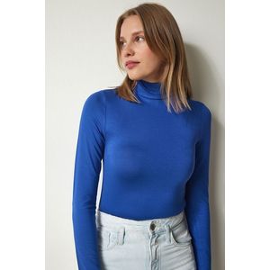 Happiness İstanbul Women's Blue High Neck Wrap Elastic Knitted Blouse obraz
