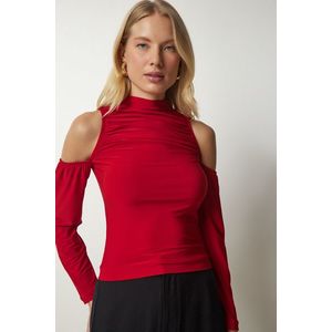 Happiness İstanbul Women's Red Open Shoulder Detailed Knitted Blouse obraz