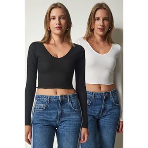 Happiness İstanbul Women's Black and White V-Neck 2-Pack Crop Knitted Blouse obraz