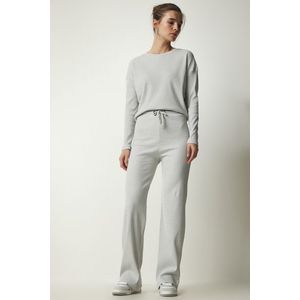 Happiness İstanbul Women's Light Gray Casual Ribbed Blouse Pants Suit obraz