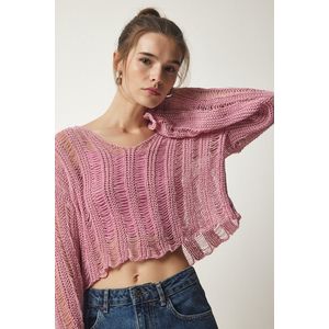 Happiness İstanbul Women's Pink V-Neck Ripped Detail Seasonal Crop Knitwear Sweater obraz
