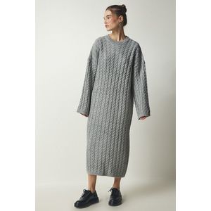 Happiness İstanbul Women's Gray Knit Detailed Thick Oversize Knitwear Dress obraz