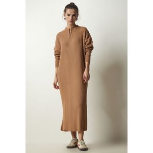 Happiness İstanbul Women's Biscuit Ribbed Oversize Knitwear Dress obraz