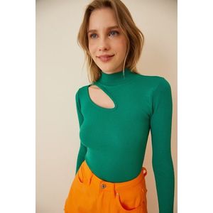 Happiness İstanbul Women's Vibrant Green Cut Out Detailed Corduroy Knitted Blouse obraz