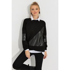Cool & Sexy Women's Black Leather Block Sweathirt obraz