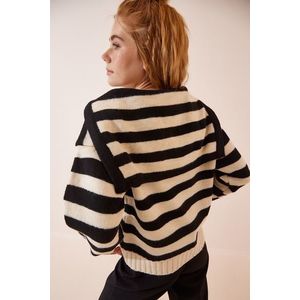 Happiness İstanbul Women's Black Cream Polo Collar Striped Knitwear Sweater obraz