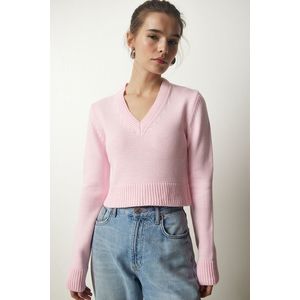 Happiness İstanbul Women's Light Pink V-Neck Crop Knitwear Sweater obraz