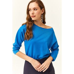 Olalook Women's Blue Dirty Collar Printed Soft Textured Thin Sweatshirt obraz