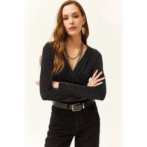 Olalook Women's Black Double Breasted Silvery Crop Blouse obraz