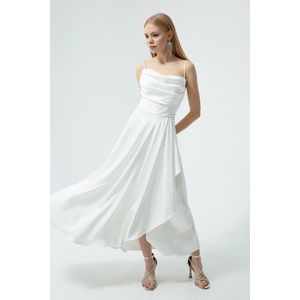 Lafaba Women's White Satin Midi Length Evening Dress &; Prom Dress with Ruffles and a Slit. obraz
