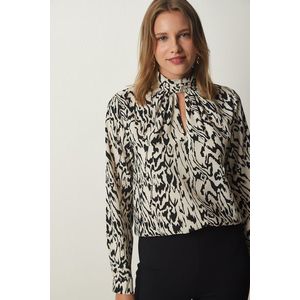 Happiness İstanbul Women's Cream Black Window Detailed Patterned Woven Blouse obraz